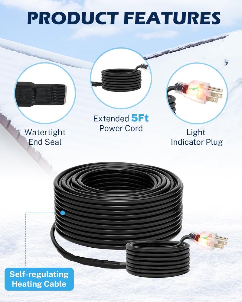 OAK LEAF 120Ft Heat Tape for Water Pipes, Self-Regulating Roof Heat Cable, Freeze Protection Heat Tape for Roof and Gutter with Light Indicator Plug & 5Ft Power Cord, 120V/ 6W/Ft - Image 3